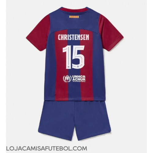 Camisa de Futebol Barcelona Andreas Christensen #15 Equipamento Principal Infantil 2023-24 Manga Curta (+ Calças curtas)